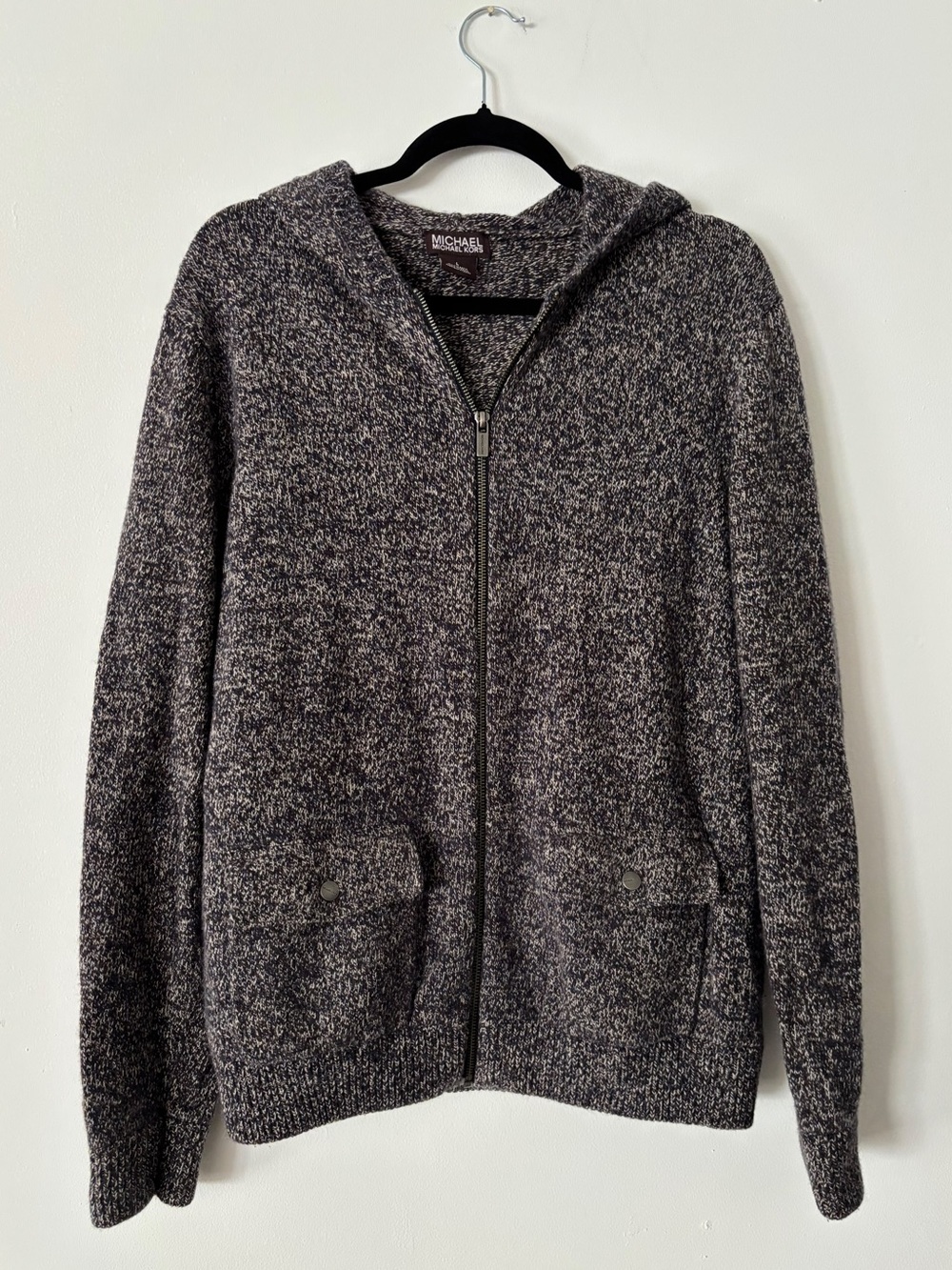 Michael Kors Womens L Gray Marled Wool Blend Full Zip Hooded Sweater Cardigan